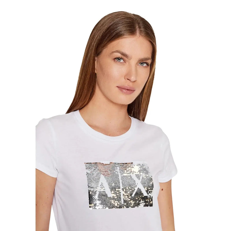 Armani Exchange women white cotton t-shirt with short sleeves and a bold rectangular silver sequin logo on front