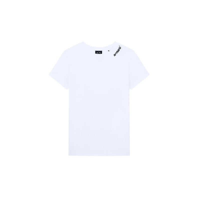 Armani Exchange Weißes Damen-T-Shirt aus Baumwolle mit Rundhalsausschnitt, schwarzem Logo und Schriftzug am Kragen