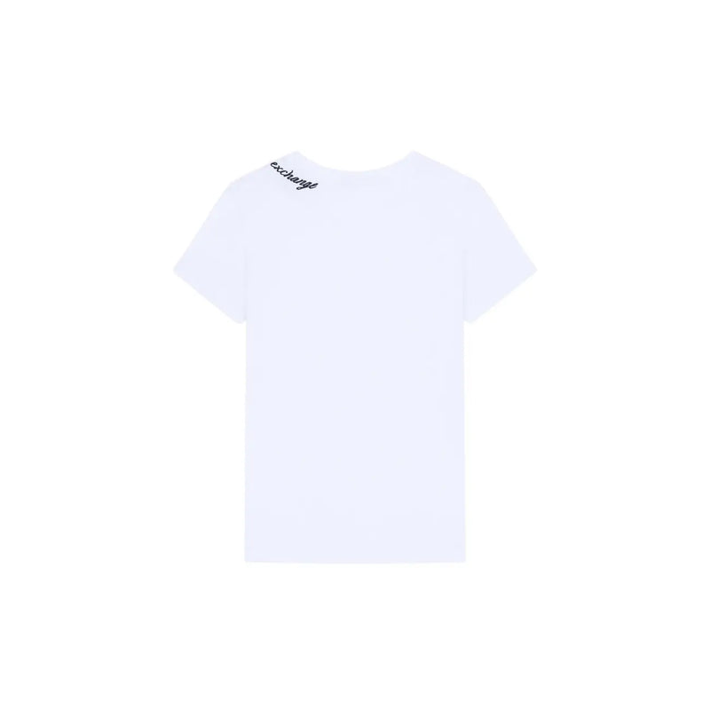 Armani Exchange Weißes Damen-T-Shirt aus Baumwolle mit Rundhalsausschnitt und dezentem, schwarzem Exchange-Logo, das in der Nähe des Halsausschnitts aufgestickt ist