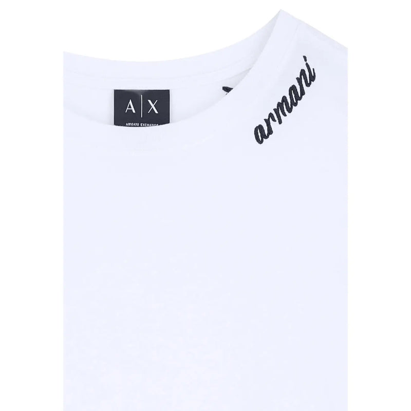 Armani Exchange Weißes Damen-T-Shirt aus Baumwolle mit Rundhalsausschnitt, schwarzem, gesticktem Logo auf der Schulter und passendem Kragenetikett