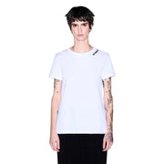 Armani Exchange Weißes Damen-T-Shirt aus Baumwolle mit Rundhalsausschnitt und dezentem schwarzem Logo auf der linken Schulter