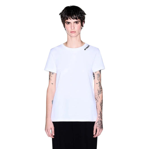 Armani Exchange Weißes Damen-T-Shirt aus Baumwolle mit Rundhalsausschnitt und dezentem schwarzem Logo auf der linken Schulter
