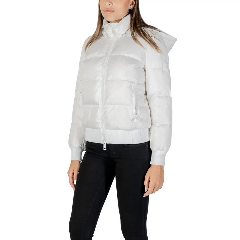 Armani Exchange Weiße Damen-Nylonjacke mit Kapuze, gestepptem Design und gerippten Bündchen