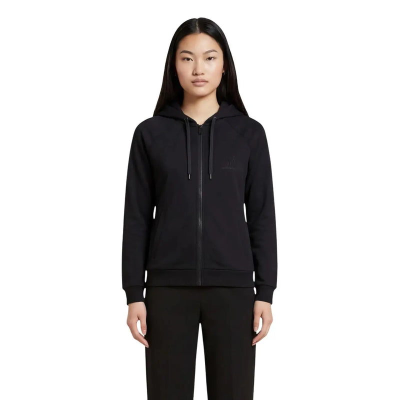 Armani Exchange women black zip-up hoodie with subtle chest logo in soft comfortable fabric for casual wear