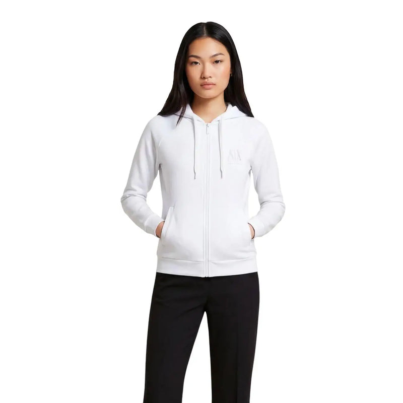 Armani Exchange women white hooded sweatshirt with subtle chest logo, zip-up front, and matching drawstrings