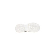 White rubber sole with textured tread and embossed branding on armani exchange women white leather slip on sneakers