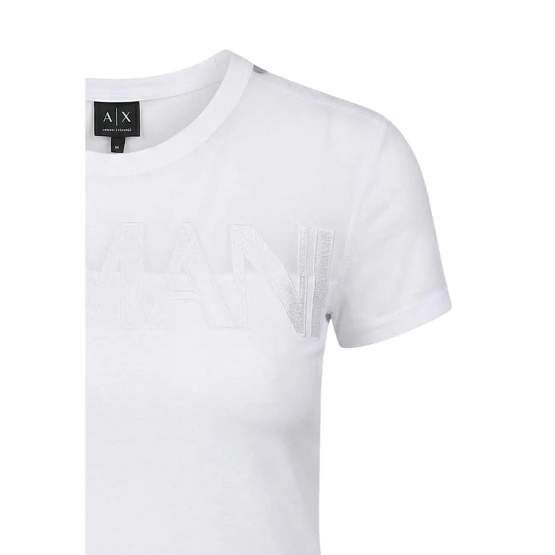 Armani Exchange Damen weiß Rundhals-Baumwolle top mit dezenter, strukturierter Axtlogo-Stickerei über der Brust