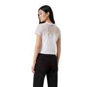 Rückseite armani exchange Damen weiß Rundhals-Baumwolle top mit weißem, transparentem Mesh-Kurzarm-Crop-Top top mit Austauschbriefen
