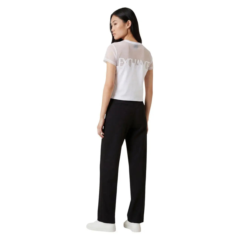 Armani Exchange Damen weiß Rundhals-Baumwolle top mit transparentem Netzüberzug und silbernem Austauschdruck auf der Rückseite