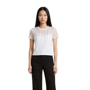 Armani Exchange Damen weiß Rundhals-Baumwolle top mit weißem Armani-Logo und transparenten Mesh-Ärmeln und -Körper