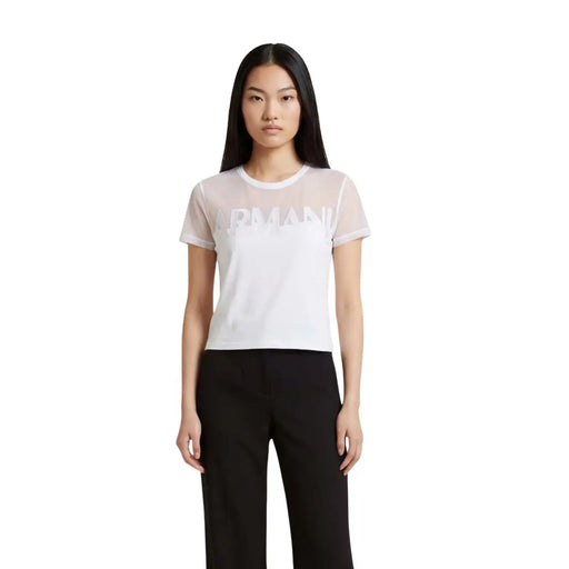 Armani Exchange Damen weiß Rundhals-Baumwolle top mit weißem Armani-Logo und transparenten Mesh-Ärmeln und -Körper