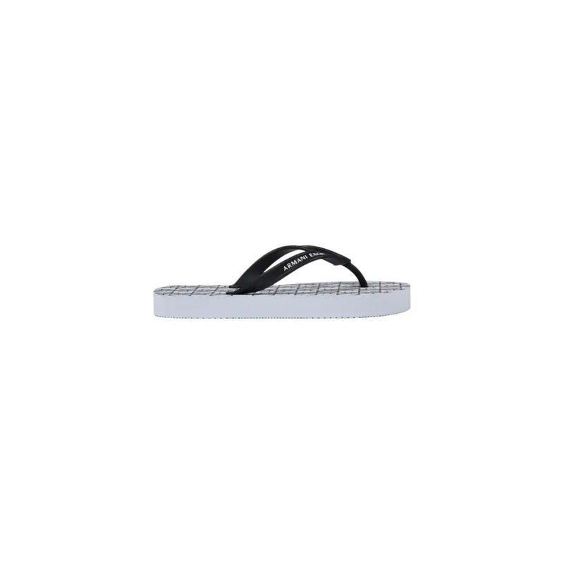 Armani Exchange women white rubber flip flops with black and white straps and a grid-patterned sole