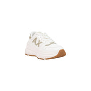 Armani Exchange women white slip on polyurethane sneakers with metallic gold accents and tan rubber sole