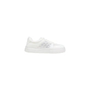 Armani Exchange women white textile platform sneaker with glossy finish and silver ax lettering pattern on the side