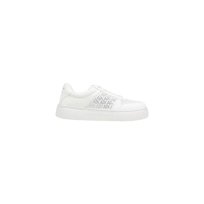Armani Exchange women white textile platform sneaker with glossy finish and silver ax lettering pattern on the side