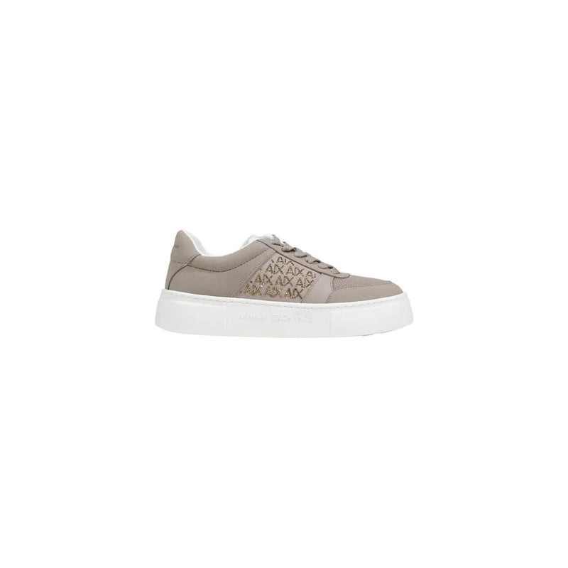 Armani Exchange women white sneakers textile featuring gray suede low-top design with white rubber sole and ax logo pattern
