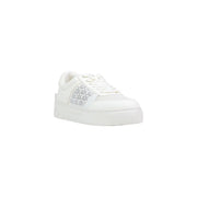 Armani Exchange women white platform sneakers with glossy textile finish and silver logo detailing on the side