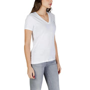 Armani Exchange Weißes Damen-T-Shirt aus Baumwolle mit V-Ausschnitt und kleinem, gesticktem Logo auf der linken Brust.