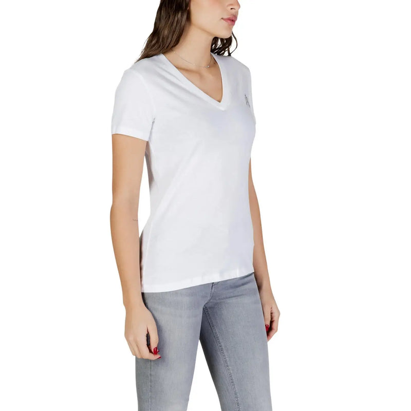 Armani Exchange Weißes Damen-T-Shirt aus Baumwolle mit V-Ausschnitt und kleinem, gesticktem Logo auf der linken Brust.