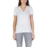 Armani Exchange Weißes Damen-T-Shirt aus Baumwolle mit V-Ausschnitt und kleinem, glitzerndem, gesticktem Logo auf der linken Brustseite.