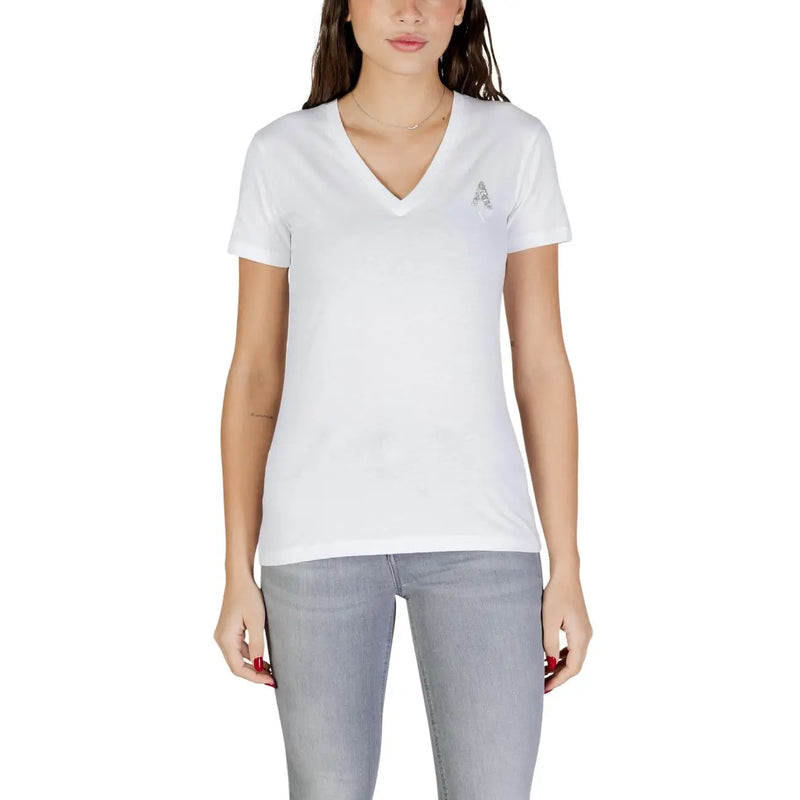 Armani Exchange Weißes Damen-T-Shirt aus Baumwolle mit V-Ausschnitt und kleinem, glitzerndem, gesticktem Logo auf der linken Brustseite.
