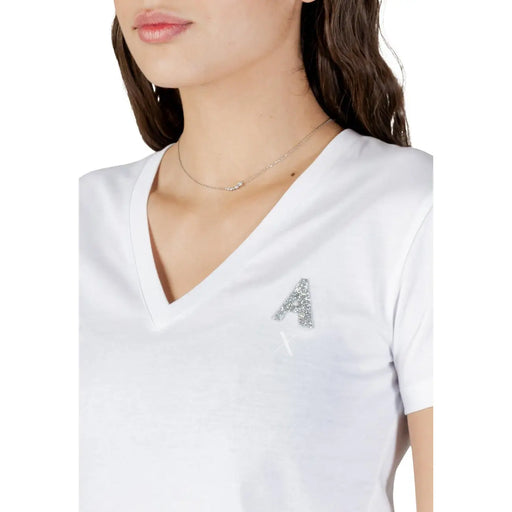 Armani Exchange Weißes Damen-T-Shirt aus Baumwolle mit V-Ausschnitt und funkelndem silbernen Buchstaben „a“ auf der Brust