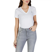 Armani Exchange Weißes Damen-T-Shirt aus Baumwolle mit V-Ausschnitt, kurzen Ärmeln und kleinem, gesticktem Logo auf der linken Brustseite.