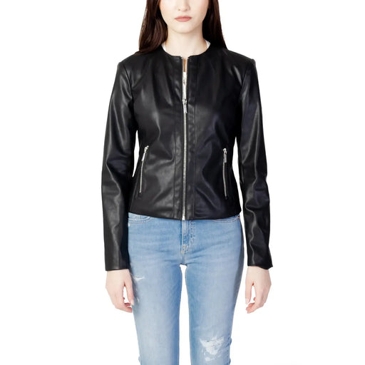 Armani Exchange women’s black polyester blazer with silver zip and round neckline in faux leather bomber style