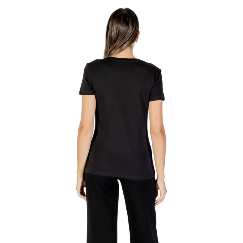 Armani Exchange womens black cotton tee with rhinestones featuring short sleeves and a relaxed crew neckline fit