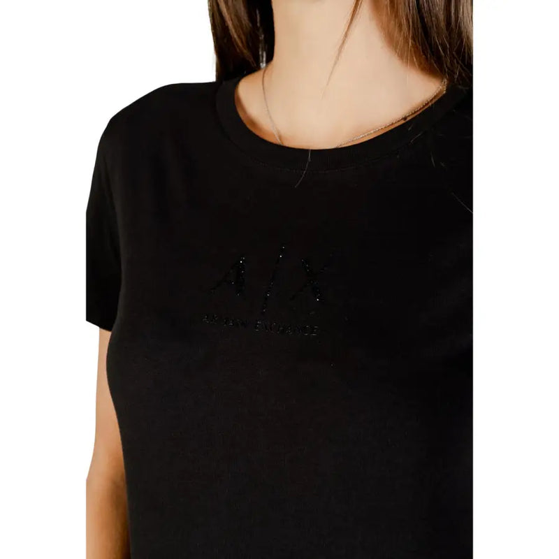 Armani Exchange womens black rhinestone cotton tee with sparkling a x logo and glitter embroidered armani exchange text