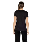 Armani Exchange womens black cotton tee with rhinestones featuring short sleeves and a relaxed crew neckline fit
