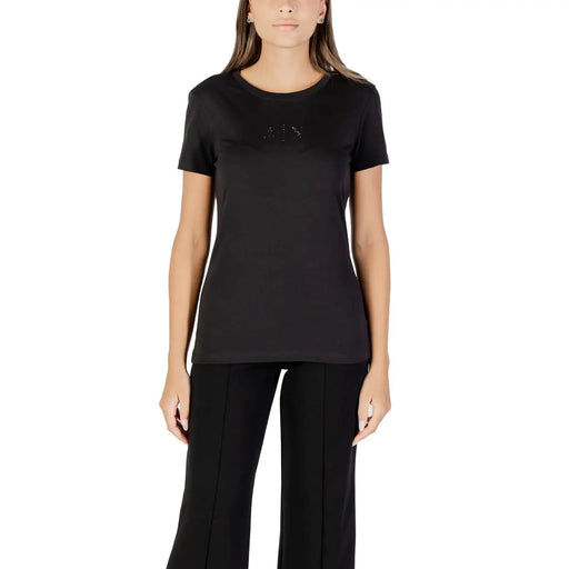 Armani Exchange womens black cotton tee with short sleeves and a subtle sparkling logo on the chest