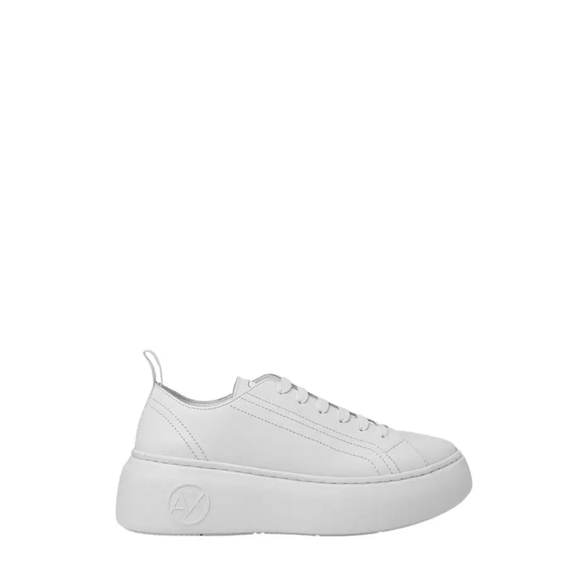 Armani Exchange women’s white leather slip-on sneaker with low-top design and thick platform sole