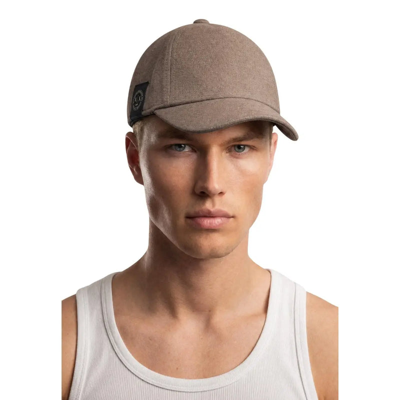 Armani Exchange Beige Wollmütze für Herren mit schwarzem, gesticktem Logo-Aufnäher an der Seite, Seitenansicht