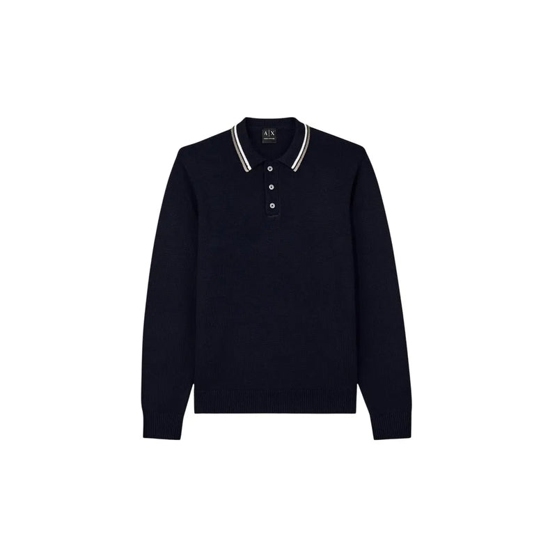 Armani Exchange Schwarzer Polo-Pullover aus Wolle für Herren mit weiß-silber gestreiftem Kragenbesatz, Vorderansicht