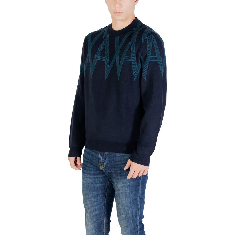 Armani Exchange Herren-Wollpullover in Dunkelblau mit auffälligem, türkisfarbenem geometrischem Muster, Vorderansicht