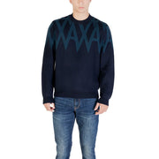 Armani Exchange Herren-Wollpullover in Marineblau mit türkisfarbenem Zickzackmuster über den Schultern, Vorderansicht