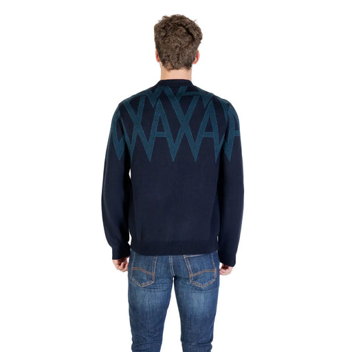 Armani Exchange Herren-Wollpullover in Marineblau mit türkisfarbenem, geometrischem Zickzackmuster auf dem Rücken, Rückansicht