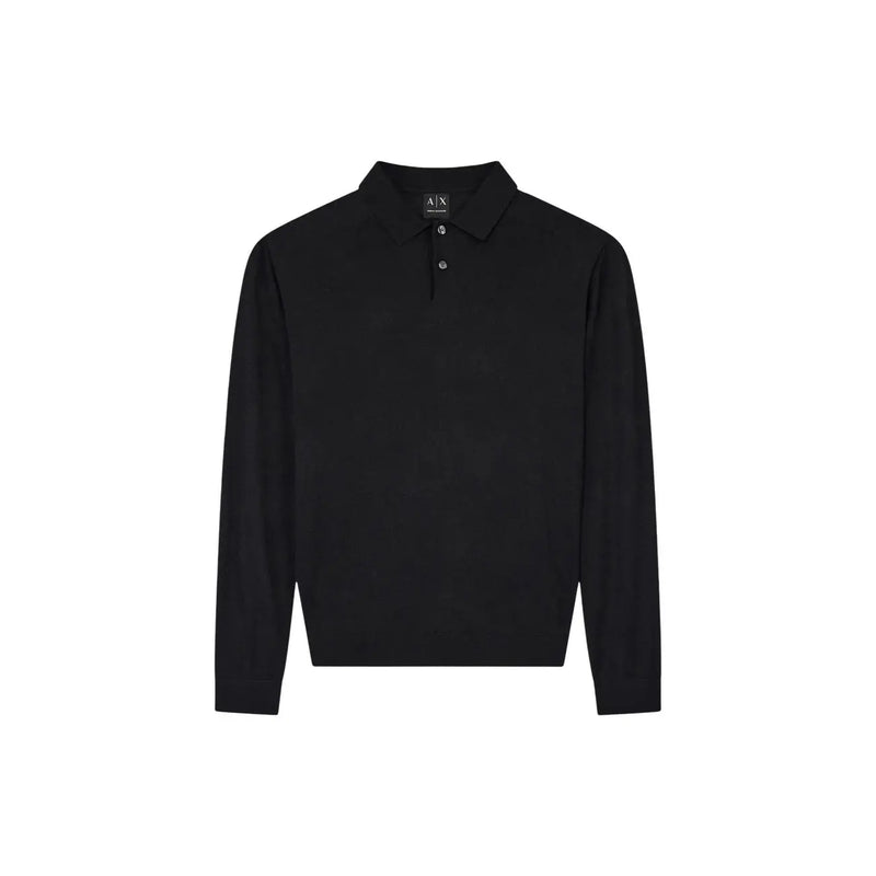 Armani exchange Schwarzer Wollpullover für Herren mit klassischem Kragen und Knopfleiste, Vorderansicht