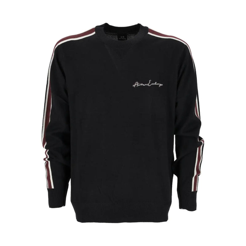 Armani Exchange Schwarzer Wollpullover für Herren mit bordeauxroten und weißen Streifen an den Ärmeln, Vorderansicht