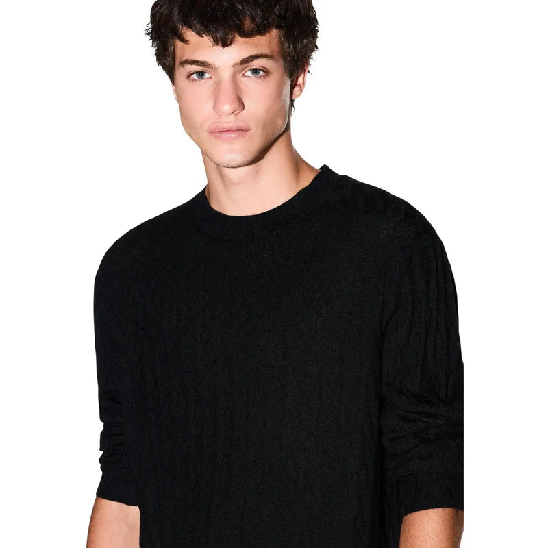 Armani Exchange Schwarzer Wollpullover für Herren mit Rippstrick und Rundhalsausschnitt, Vorderansicht