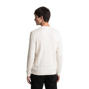 Armani Exchange Herren-Wollpullover in Creme mit Zopfmuster und Rundhalsausschnitt, Vorderansicht