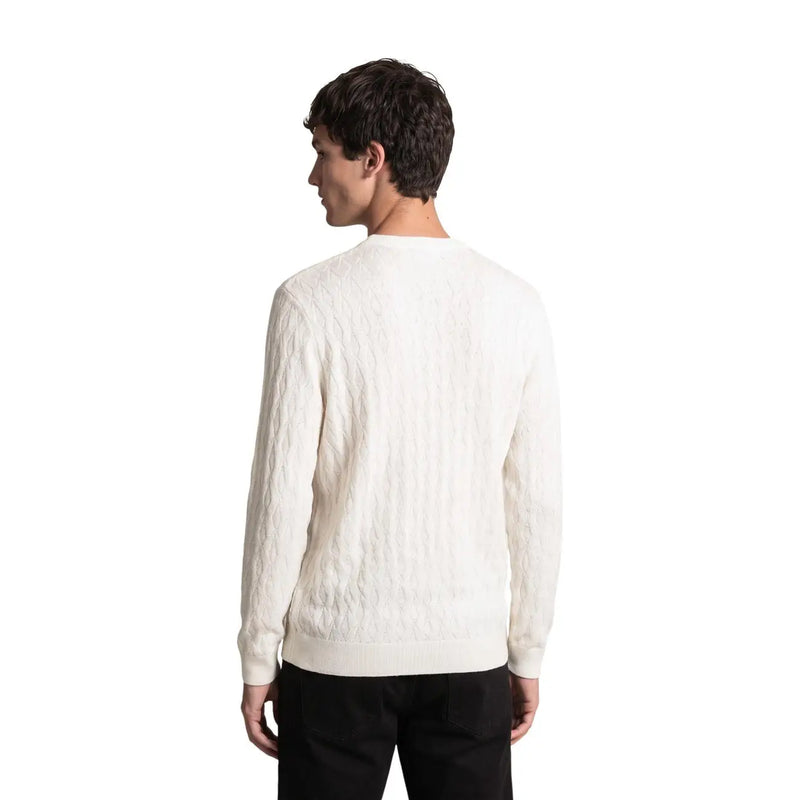 Armani Exchange Herren-Wollpullover in Creme mit Zopfmuster und Rundhalsausschnitt, Vorderansicht