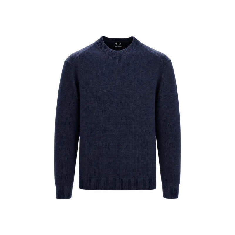 Armani Exchange Herren-Wollpullover in Marineblau mit gerippten Bündchen und Saum, Vorderansicht
