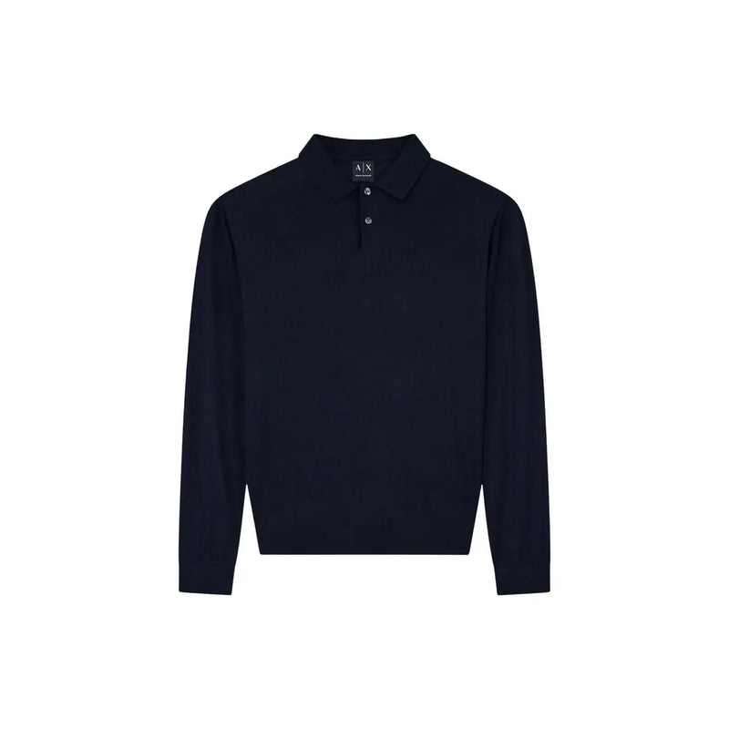 Armani Exchange Herren-Wollpullover in Marineblau mit klassischem Kragen und Zweiknopfleiste, Vorderansicht