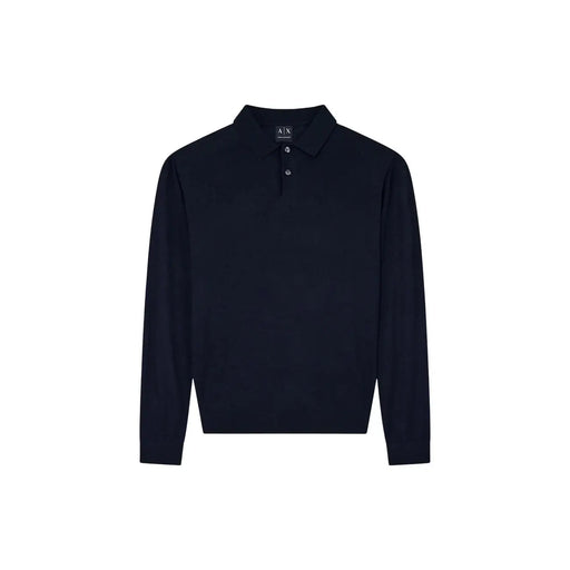 Armani Exchange Herren-Wollpullover in Marineblau mit klassischem Kragen und Zweiknopfleiste, Vorderansicht