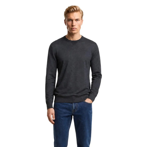 Armani Exchange Herren-Wollpullover in Dunkelgrau mit glatter Strickstruktur, lange Ärmel, Rundhalsausschnitt, Vorderansicht