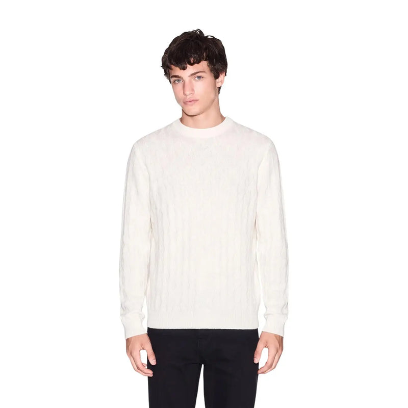 Armani Exchange Herren-Wollpullover in Creme mit strukturiertem Strickmuster, Vorderansicht