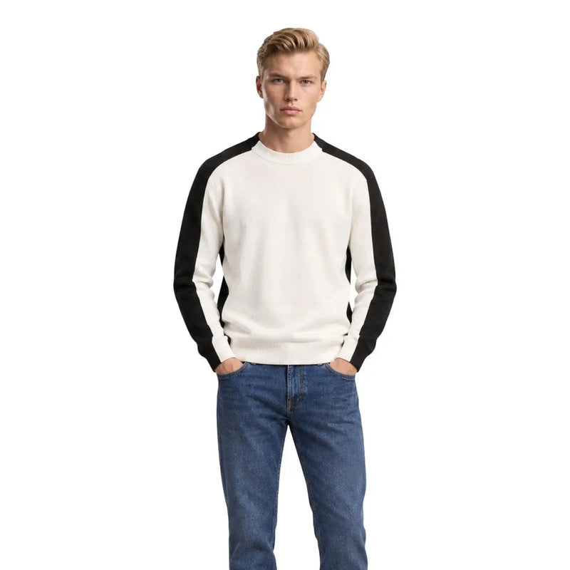 Armani Exchange Herren-Wollpullover in Creme und Schwarz mit Raglanärmeln und geripptem Rundhalsausschnitt, Vorderansicht