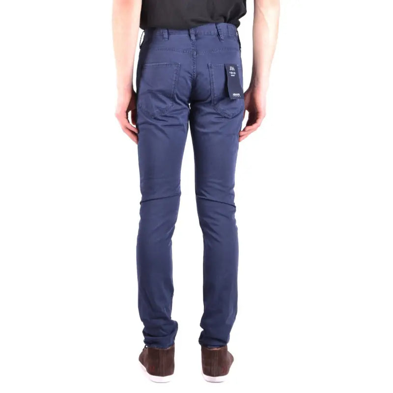 Navy blue slim-fit denim jeans with subtle texture and classic back pocket design by Armani Jeans men cotton elastane